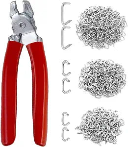 300 PCS Galvanized Hog Rings with Bent Pliers Set, Includes 3/4", 1/2", and 3/8" Hog Rings for Animal Cages, Ropes, Bags, DIY Crafts, and Furniture Upholstery