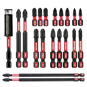 GEINXURN Impact Tough Phillips Bits PH1/PH2/PH3 Insert Driver Bits,19Pack Bulk Phillips Screwdriver Bits Set with 1Pcs Impact Bit Holder