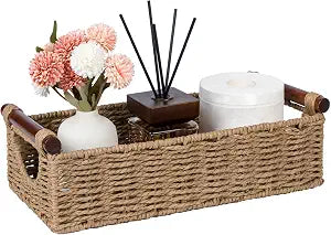 CubesLand Wicker Toilet Storage Basket Tray Organizer W/Cut Out Handle