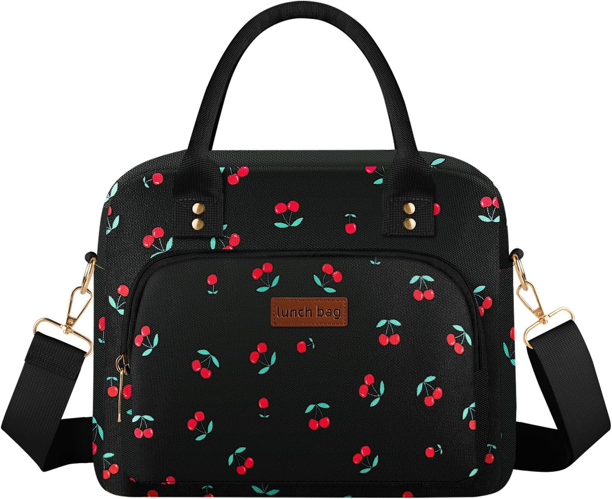 Lunch Bag Large Insulated Lunch Box for Women Men Adult Cute Cherry Lunchbox Lunch Bags Boxes Pail with Shoulder Strap for Work Mom Picnic Office Travel 11.4x6.8x9.1 inches 11.5L Black