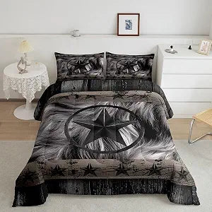 Feelyou Black Western Texas Star Comforter Set Twin Size, Cowboy Bedding Set for Kids Boys Girls Teens Rustic Texas Star Comforter Wild West Cowboy Duvet Set Bed Set 2Pcs