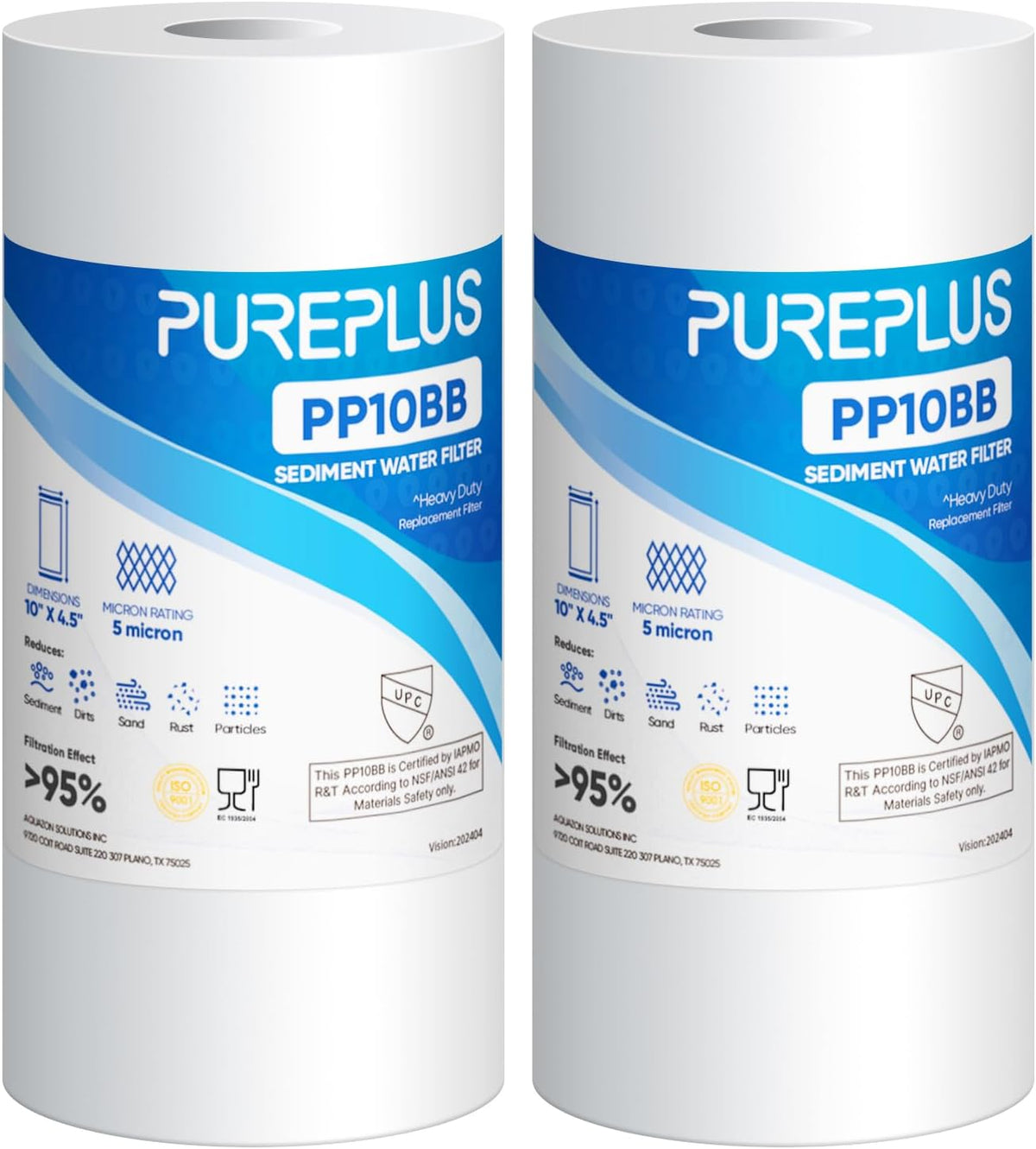 PUREPLUS 5 Micron 10"x4.5" Whole House Sediment Water Filter, 2 Pack