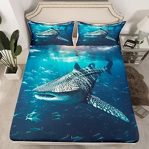 Shark Bed Sheet Set Whale Shark Bedding Set Ocean Marine Theme Fitted Sheet for Boys Girls Kids Room Decor Sea Underwater World Lightweight Bed Cover Full Size with 2 Pillow Case