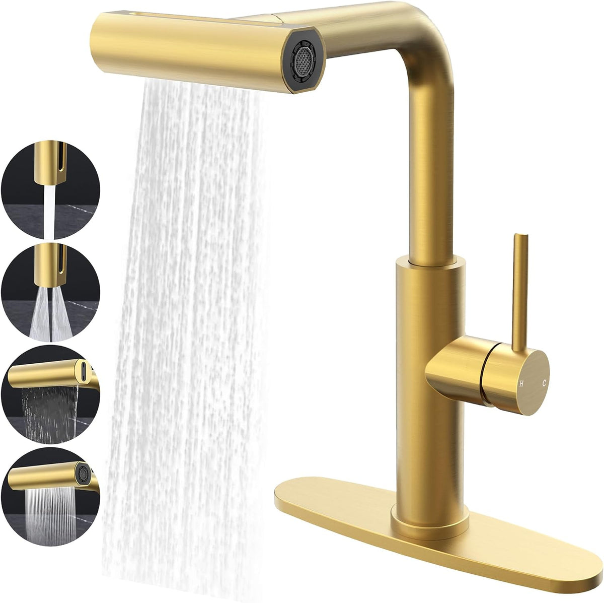 Waterfall Kitchen Faucet with Pull Down Sprayer, Brass Gold Kitchen Faucet, 4 in 1 Stainless Steel Single Lever Handle Kitchen Faucets with 4 Modes(Sweep/Stream/Waterfall/Spray), Brushed Gold