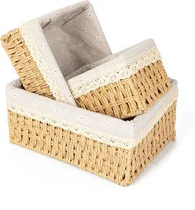 Wicker Baskets with Liner for Counter, Natural Paper Rope Rattan Storage Basket,Hand Woven Pantry Table Organizer Bins for Bedroom Living Room Bathroom School Shelves Office Desk (3 Pack Beige)
