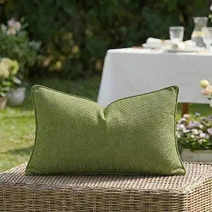 Fancy Homi Set of 1 Water Resistant Lumbar Soft Chenille Decorative Outdoor Throw Pillow Covers Solid Moss Green Summer Farmhouse Boho Patio Cushion Cases Small 12x24 Inch for Balcony Couch Sofa Bed