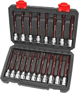 LLNEDL 3/8 Inch Drive Long Allen Hex Bit Socket Set, 19-Piece Hex Head Standard SAE & Metric Sockets (1/8"-3/8", 3-12mm), S2 Alloy Steel Durable Tools for Mechanics