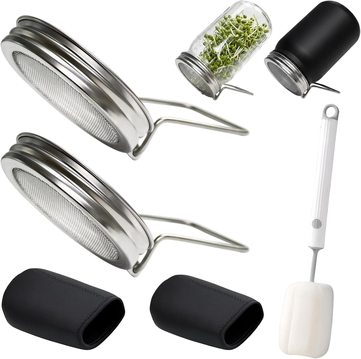 Sprouting Lids for Wide Mouth Mason Jars, 2 Pack Reusable Stainless Steel Mason Jar Sprout Lids with 2 Blackout Sleeves & Cleaning Brush for Broccoli, Alfalfa, Bean Seed Sprouting