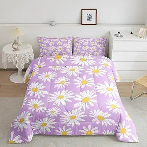 Castle Fairy Girls Daisy Twin Size Comforter Set,Kids Purple White Yellow Decor All Season Bedding Set,Teens Daisy Flowers Comforter,Children Spring Floral Decor Quilt Set Bedroom Collection 2Pcs