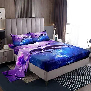 Galaxy Dolphin Sheet Set Twin Size Coastal Ocean Waves Bedding Purple Cherry Blossoms Sea Animal Bed Sheets For Kids Boys Girls Teens Moon Sky Starry Fitted Sheet + Flat Sheet + 1 Pillow Case Blue