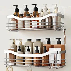 Orimade Shower Caddy Basket Shelf with 5 Hooks Adhesive Organizer Storage Rack Rust Resistant Wall Mounted Stainless Steel No Drilling for Bathroom, Toilet, Kitchen - 2 Pack