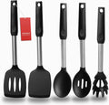 Silicone Spatula and Cooking Spoon,5 Pack Non-Stick Cooking Utensils for Kitchenï¼ŒHeat Resistant Solid & Slotted Spoons and Spatulas, Stainless Steel Handle Coated with Silicone,Black