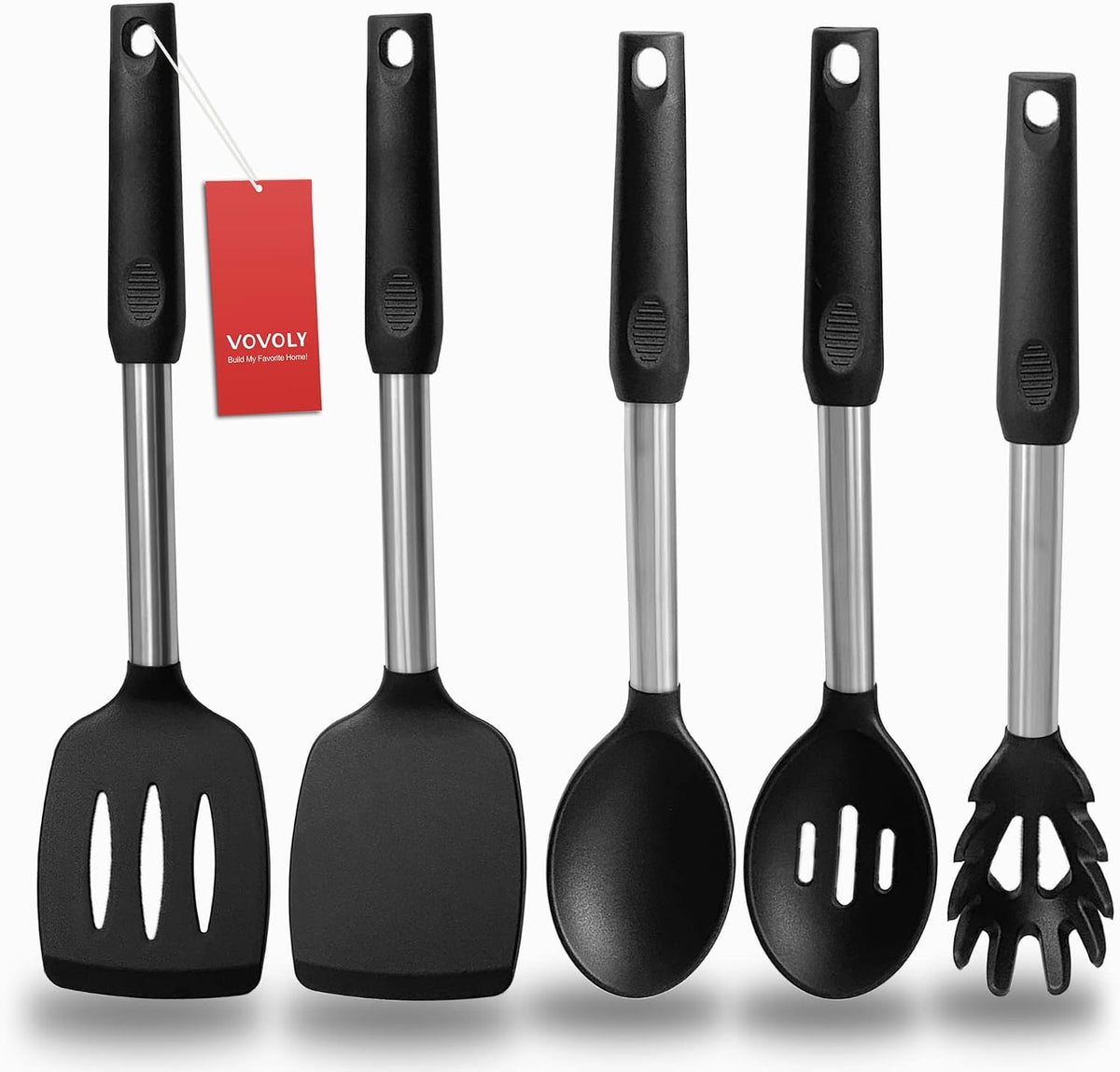 Silicone Spatula and Cooking Spoon,5 Pack Non-Stick Cooking Utensils for Kitchenï¼ŒHeat Resistant Solid & Slotted Spoons and Spatulas, Stainless Steel Handle Coated with Silicone,Black