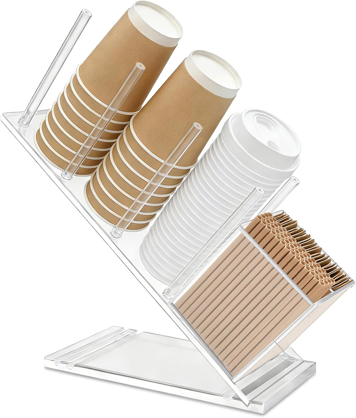 Clear Acrylic Coffee Cup & Lid Holder with Straw Organizer