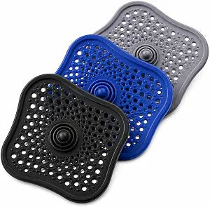 Silicone Shower Drain Hair Catcher, 3-Pack - Reusable Drain Cover for Bathtub, Bathroom & Kitchen Sink - Fits Round & Square Drains, No-Curl Flat Design, Black, Gray & Blue