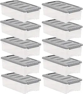 Amazon Basics Plastic Storage Containers with Secure Latching Lids, Stackable Organization Bins, Clear/Grey, 5 Quart, Set of 10