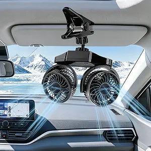6000mAh USB-C Car Fan, Dual-Head Clip-On, Independent Controls