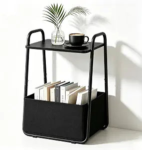 Small Side End Table with Storage,Metal Nightstand,Black