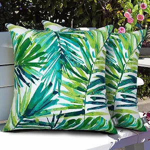 Magpie Fabrics Patio Pillow Covers ONLY 18"x18", Set of 2, Fade-Resistant Outdoor Indoor Decorative Throw Pillowcase Shell for Couch Garden Furniture - Green Palm Leaves