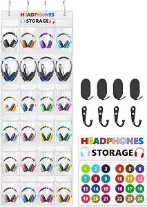 Headphone Storage Classroom Headphone Organizer 24 Pockets PVC Clear Organizer Holder for School Cell Phones Calculators, with Headphone Storage Stickers & Number Stickers
