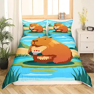 Erosebridal Capybara Bedding Set Cute Animals Lovers Comforter Cover for Boys Girls Cute Cake Duvet Cover Coastal Creature Kids Bed Set,Twin Size