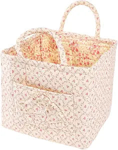 Quilted Fabric Car Storage Basket with Handles & Pocket, Foldable Laundry Hamper Boho Floral Print Organizer Bin for Home, Picnic, Office Nursery Cloth Toy 12"x10"x10" (Style B)