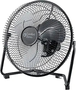 COMFORT ZONE 9 inch Cradle Fan, 3 Speed Floor or Table Fan with180 Degree Tilt, Metal Construction and Aluminum Blades, Carry Handle, Rubber Feet, Ideal for Bedroom, Workshop, or Garage, Black