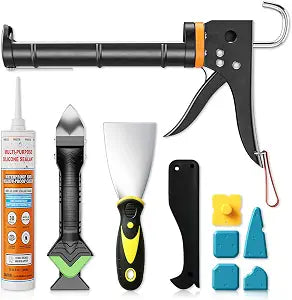 Professional Caulk Gun Kit with Caulk Remover & Silicone Sealant - 5 in 1 Caulking Tool Set for Caulking Removal, Includes Caulking Gun Tool, Silicone Scraper