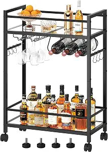 Bar Cart with Wine Rack, Serving Cart for Home, Microwave Cart, Drink Cart, Mobile Kitchen Shelf with Glass Holder, Rolling Beverage Cart for Dining Room (Black)