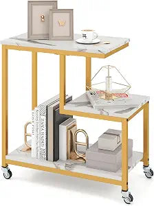 GIANTEX 3-Tier Side Table with Wheels, G-Shaped End Table, White & Gold