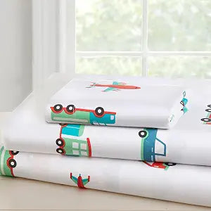 Wildkin Toddler Sheet Set ��� Soft Microfiber, Fitted & Top Sheet, Pillowcase - Trains, Planes, and Trucks