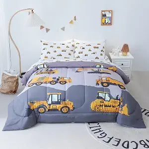 Cokouchyi Twin Size Comforter Set for Boys, 4-Piece Bed in a Bag, 3D Construction Bedding Comforter Sheet Set, Ultra Soft and Fluffy, Cartoon Truck Cars