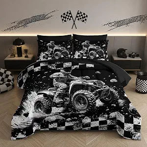 Motocross Racing Car Racer Comforter 7Pcs Racing Speed Sports Truck Bedding Set for Kid Teen Boy Girl Adult Extreme Sports Quilt Bed Set Queen with 2 Sheets,2 Pillowcases,2 Throw Pillow Covers