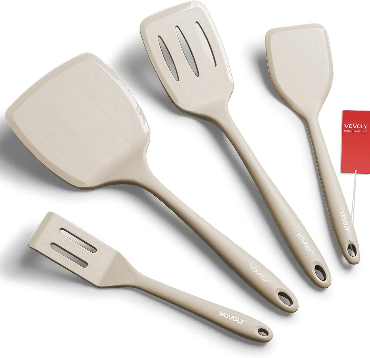 Silicone Spatula Set, 600F Heat Resistant Kitchen Utensils, 4-Pcs, Khaki