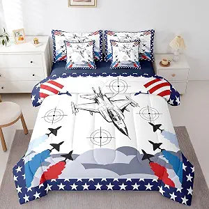 Erosebridal Fighter Jet Plane Queen Bedding Set,Airplane Aircraft Comforter Set with Sheets for Boys Girls Kids,Aviation Plane Bed in a Bag 7 Piece with Fitted Sheet,Flat Sheet,Pillowcases
