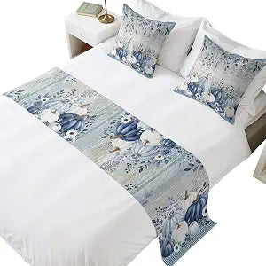 Fall Bed Runner for King Size Bed, Navy Blue Pumpkins Decorative Beds Runners and 2 Matching Pillow Covers Set, Thanksgiving Botanical Wooden Beds Scarf Throw for Foot of Bedding Set for Hotel/Bedroom