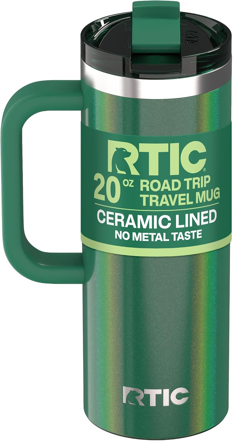 RTIC 20oz Road Trip Travel Mug, Lid and Handle, Ceramic Lined, Pine Glitter