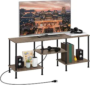 OYEAL 50 inch TV Stand for Living Room Small Entertainment Center with Storage Shelf & Power Outlets, Modern Farmhouse TV Console Table Media Cabinet for Bedroom, Rustic Grey