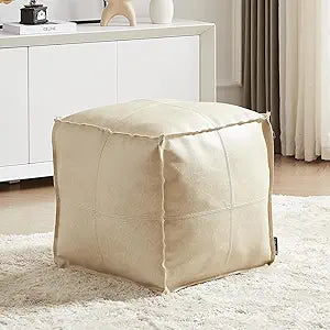 Louis Donn 17.7-Inch Square Pouf Ottoman Cover, Handmade Faux PU Leather Footrest & Floor Cushion Case, DIY Fillable Storage Pouf for Living Room & Home Decor, White, Cover Only