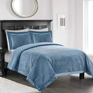 Simple&Opulence Velvet Lavish Design with Brushed Microfiber 3pcs Bedspreads Luxury Pattern Soft Solid Coverlet Set (Antique Blue, Queen)