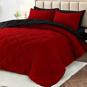 MUXHOMO Queen Comforter Set 7 Pieces, Reversible Bed in a Bag Queen Size, Bedding Set with Comforter, Flat Sheet, Fitted Sheet, Pillowcases & Shams, Red & Black