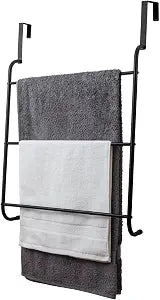 MyGift 3 Tier Over Door Bathroom Towel Rack Matte Black Metal Holder