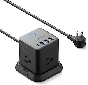 BESTEK PD20W Power Strip Tower with USB, Vertical Cube Mountable Power Outlet Extender with 3 Outlets, 3 USB-A & 1 USB-C Ports, 5-Foot Extension Cord and Detachable Base for Easy Mounting (Black)