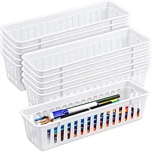Domensi 12 Pack Slim Plastic Storage Basket Tray Organizer, White