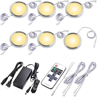 Kitchen Underneath Cabinet LED Puck Light, Hutch Backsplash Back Lighting, 110V Plug in & Hardwired, Wireless RF Remote Control Dimmable, Linkable, White Wires, Warm White 2700K, 6 Lights