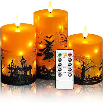 Sasigeiaa Halloween Flameless Candles with Remote - Orange LED Candles & String Lights, Battery Operated Set of 3 (D3 x H4/5"/6") for Window Decor, Halloween Decoration,Living Room Decoration