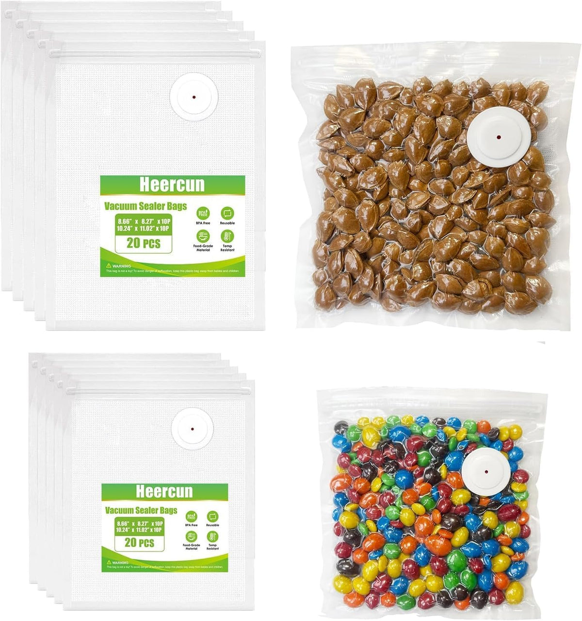 Vacuum Sealer Bags for Food - 20 BPA-Free Medium (10 x 11 in) & Small(8 x 8.5) Reusable Bags Food Saver Machine Storage Bags For Sous Vide Cooking Microwave Heating, Air Valve Zipper