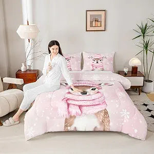 Manfei Cute Elk Deer Kids Comforter Set Full Size,Cartoon Lovely Animal Bedding Set,Girls Boys Room Decor,Snowflake Girly Fairy Quilt Comforter,Pink Yellow Duvet Set Bedroom Quilt Set,2 Pillowcases