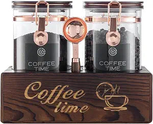 Glass Coffee Canister Set with Torched Wood Shelf, 2 Pack 45oz Airtight Storage Jars with Lids & Spoons, Large Kitchen Canisters for Coffee Beans, Sugar, Tea & Nuts