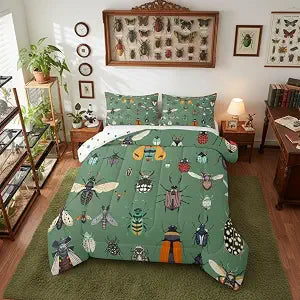 Castle Fairy Cartoon Beetles 2Pcs Comforter Set for Kids Boys Girls Nature Animals Coleoptera Quilt for Bedroom Decor Country Rustic Style Bedding Set Twin Size 1 Pillowcase Dark Green